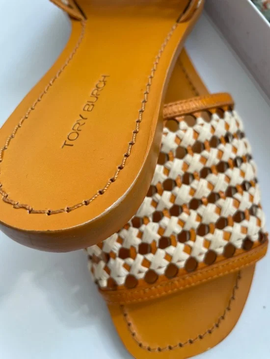 TORY BURCH Woven Crochet Raffia Yellow Citrine/natural Flat size 6 NWOB - Picture 5 of 6